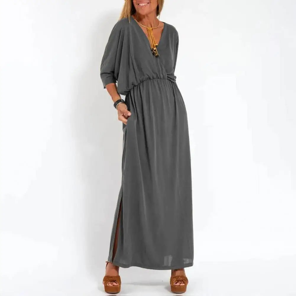 High Waisted Dress Three-quarter Sleeve Dress Elegant V-neck Split Dress for Women Loose Fit High Waisted Solid Color Spring