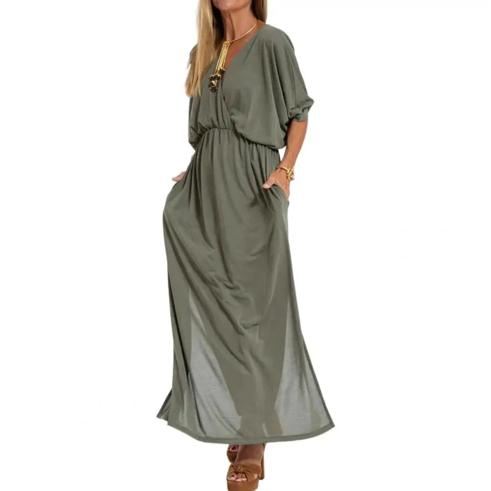High Waisted Dress Three-quarter Sleeve Dress Elegant V-neck Split Dress for Women Loose Fit High Waisted Solid Color Spring