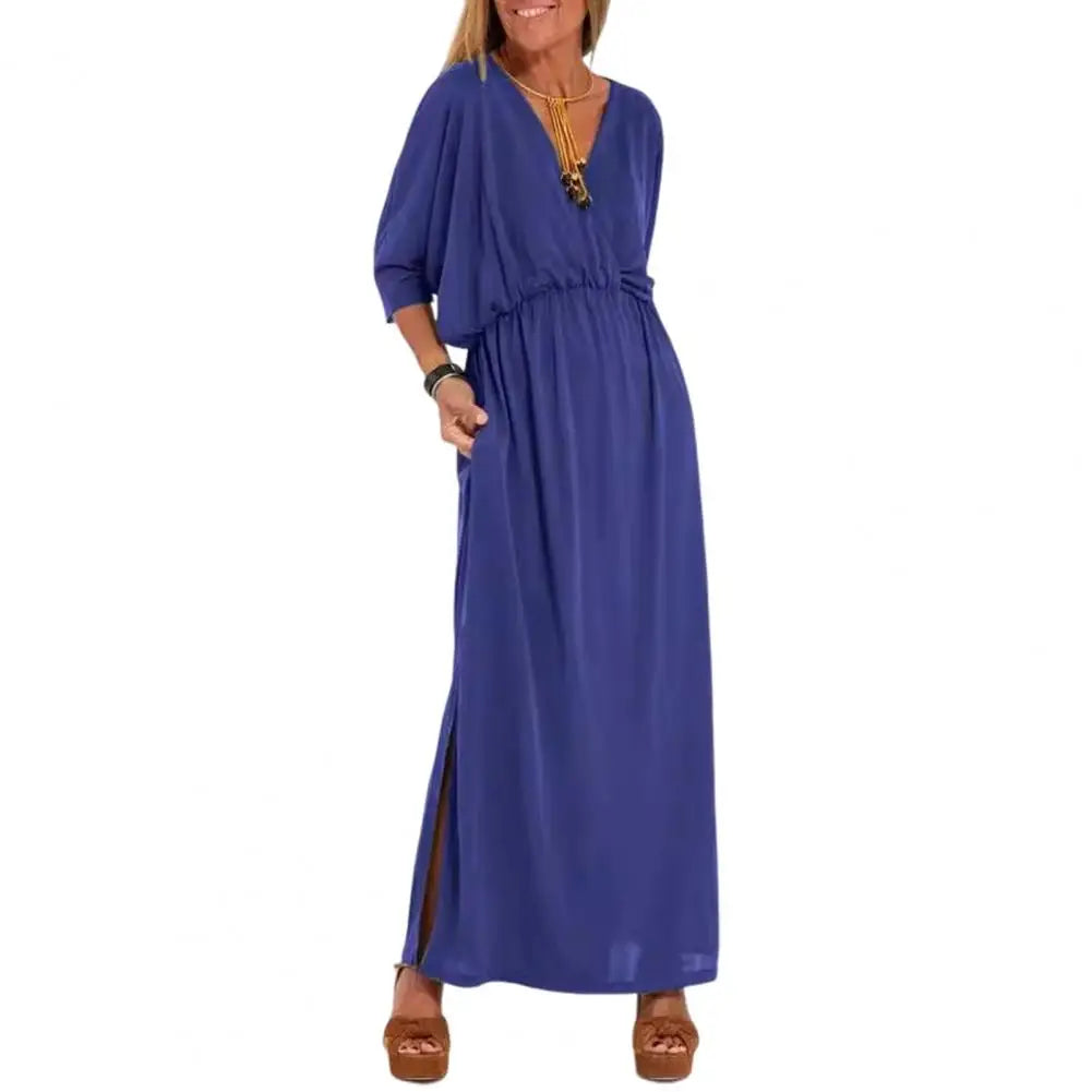 High Waisted Dress Three-quarter Sleeve Dress Elegant V-neck Split Dress for Women Loose Fit High Waisted Solid Color Spring