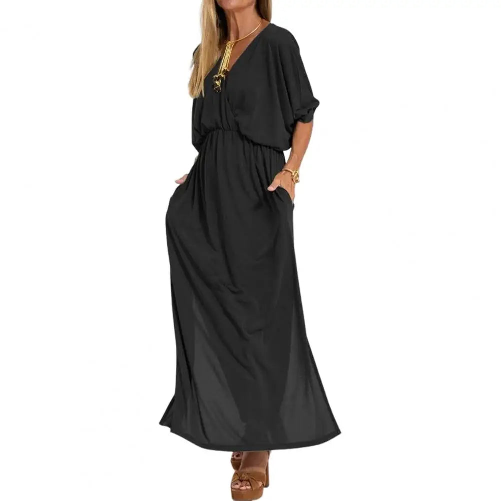 High Waisted Dress Three-quarter Sleeve Dress Elegant V-neck Split Dress for Women Loose Fit High Waisted Solid Color Spring