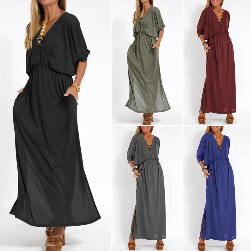 High Waisted Dress Three-quarter Sleeve Dress Elegant V-neck Split Dress for Women Loose Fit High Waisted Solid Color Spring