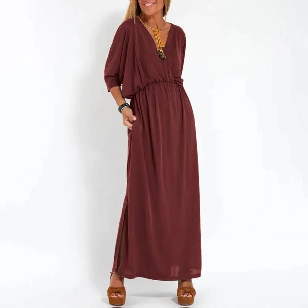High Waisted Dress Three-quarter Sleeve Dress Elegant V-neck Split Dress for Women Loose Fit High Waisted Solid Color Spring