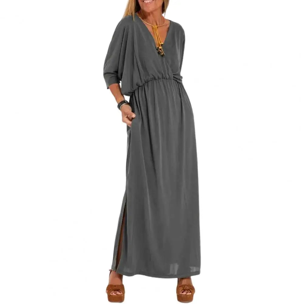 High Waisted Dress Three-quarter Sleeve Dress Elegant V-neck Split Dress for Women Loose Fit High Waisted Solid Color Spring
