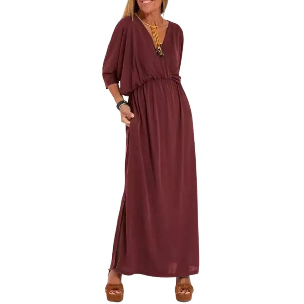 High Waisted Dress Three-quarter Sleeve Dress Elegant V-neck Split Dress for Women Loose Fit High Waisted Solid Color Spring