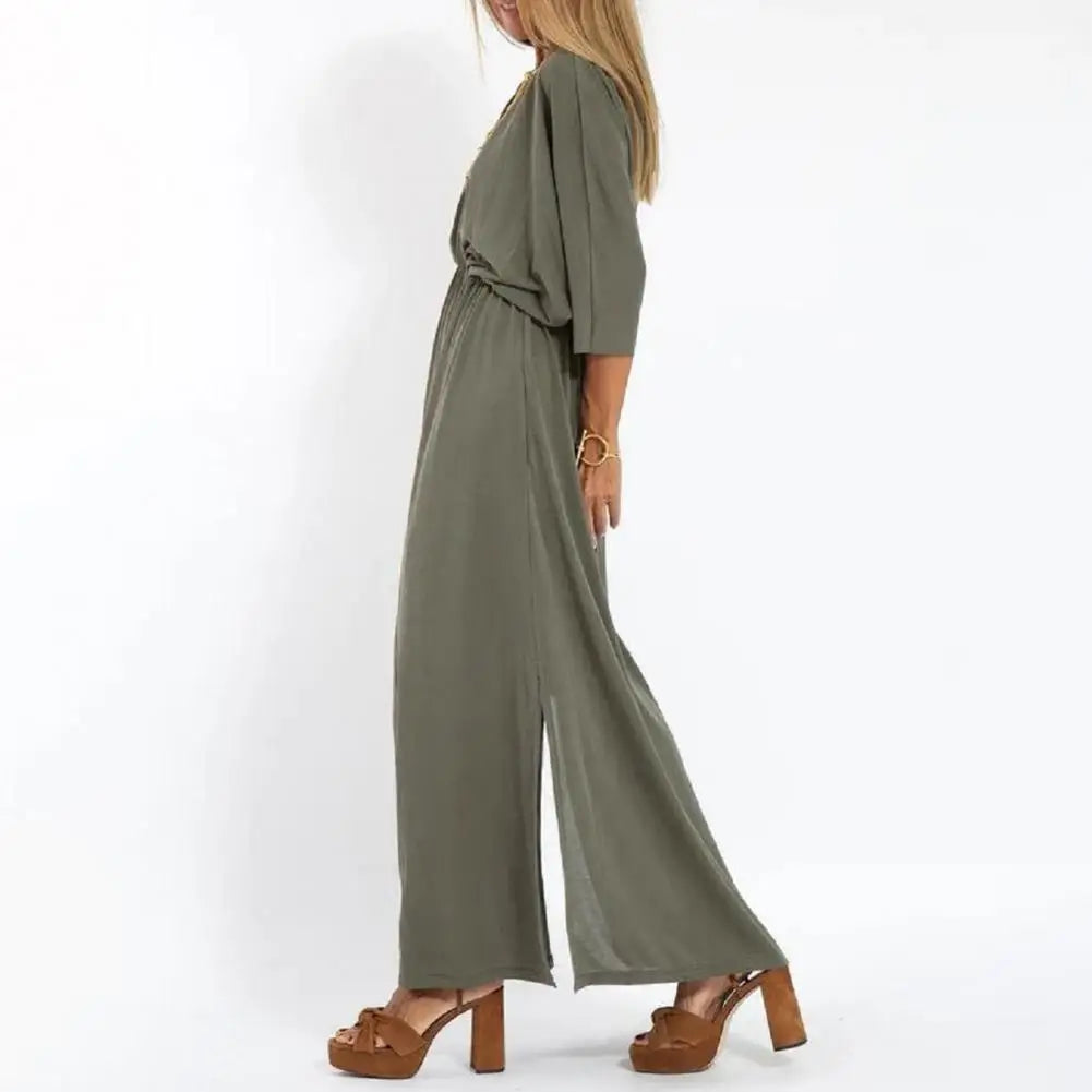 High Waisted Dress Three-quarter Sleeve Dress Elegant V-neck Split Dress for Women Loose Fit High Waisted Solid Color Spring