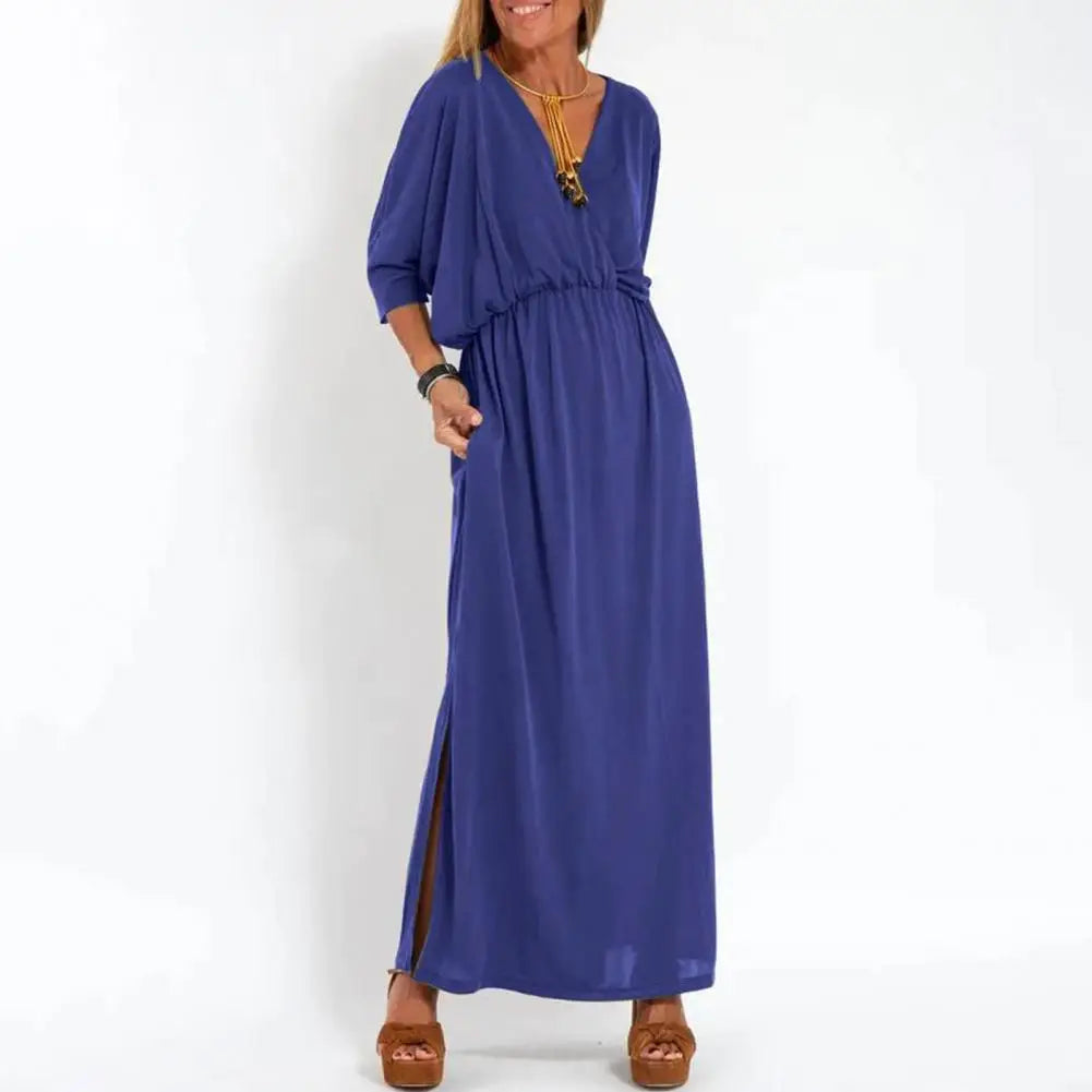High Waisted Dress Three-quarter Sleeve Dress Elegant V-neck Split Dress for Women Loose Fit High Waisted Solid Color Spring